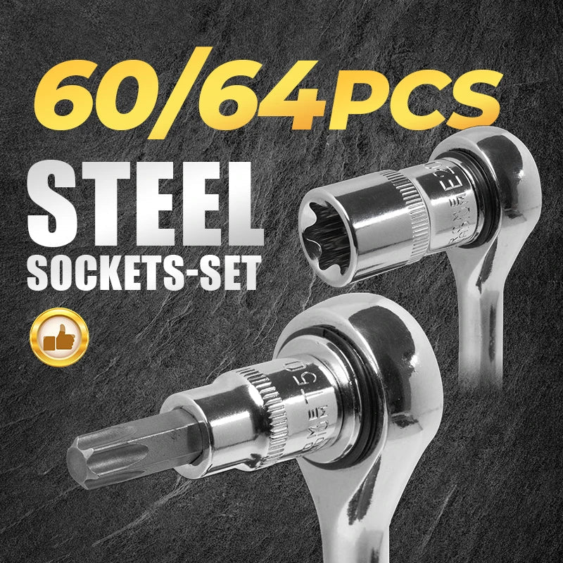 60/ 64PCS  CR-V Steel Socket Set+🎁Free ratchet wrench included.