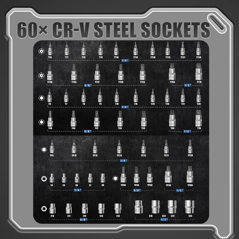 60/ 64PCS  CR-V Steel Socket Set+🎁Free ratchet wrench included.