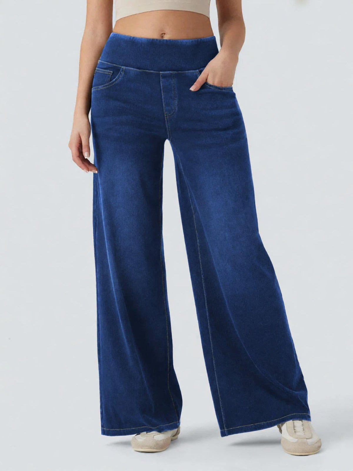 Women's High Waist Stretch Wide Leg Denim Pants | Pull-On Elastic Waist Casual Jeans