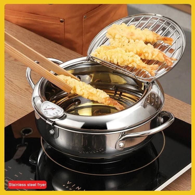 📢📢60% OFF !! ⏰ 304 Stainless Steel Japanese Tempura Fryer Pot – Mini Deep Frying Pan with Thermometer & Oil Drain Rack