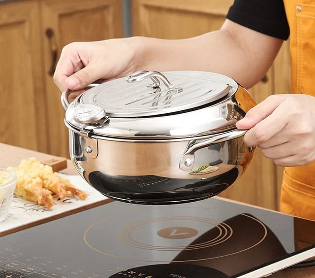 📢📢60% OFF !! ⏰ 304 Stainless Steel Japanese Tempura Fryer Pot – Mini Deep Frying Pan with Thermometer & Oil Drain Rack