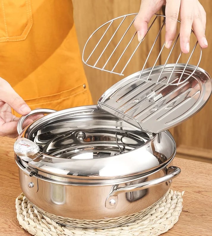 📢📢60% OFF !! ⏰ 304 Stainless Steel Japanese Tempura Fryer Pot – Mini Deep Frying Pan with Thermometer & Oil Drain Rack