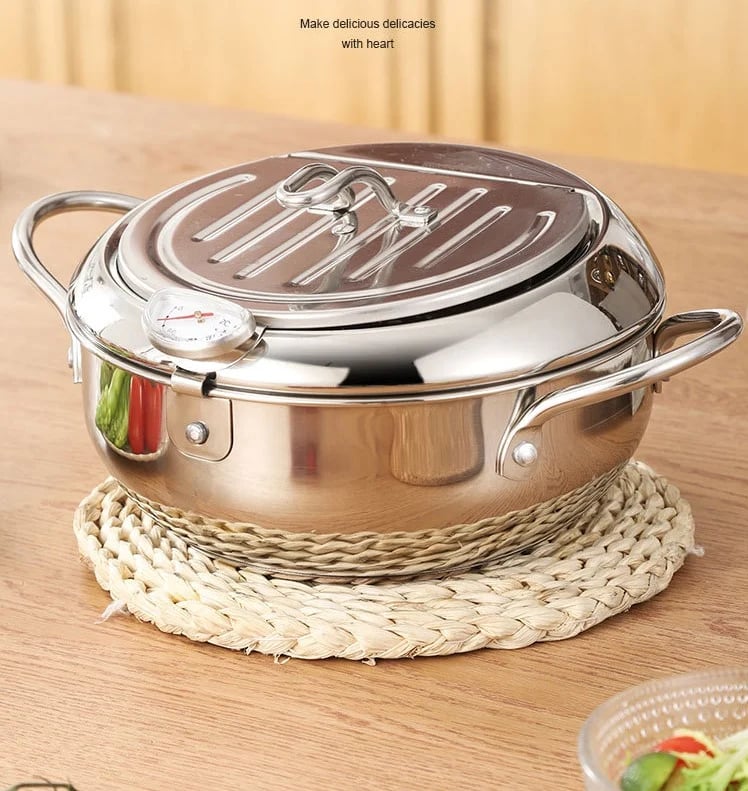 📢📢60% OFF !! ⏰ 304 Stainless Steel Japanese Tempura Fryer Pot – Mini Deep Frying Pan with Thermometer & Oil Drain Rack